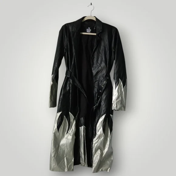 The Ragged Priest 6 Black Silver Flame‎ Trench Coat Y2K Alt Festival Rave Goth - Picture 4 of 12